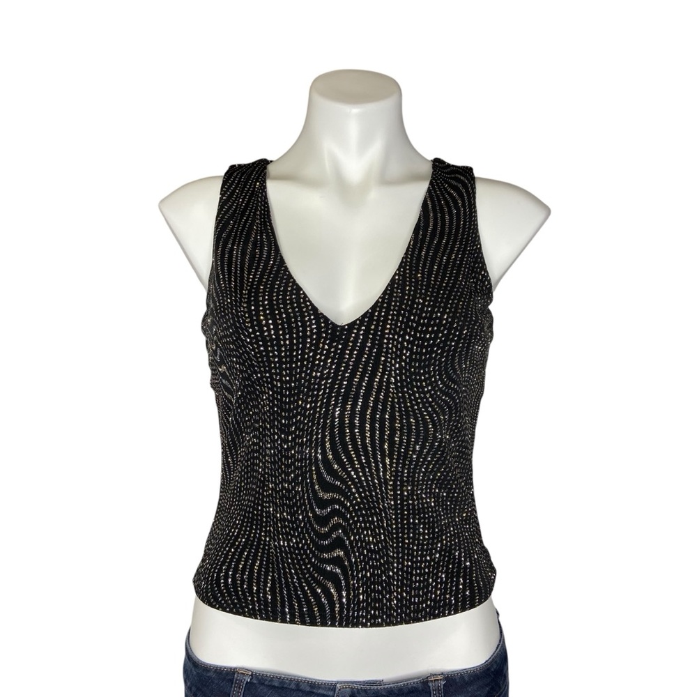 JESSICA MCCLINTOCK Vintage Glitter Embellished V Neck Cropped Tank Top Small